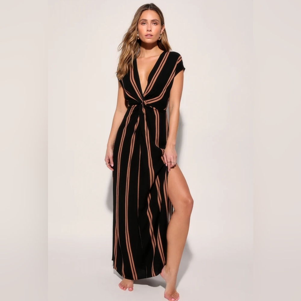 Black and Tan Striped Women Swim Cover-Up